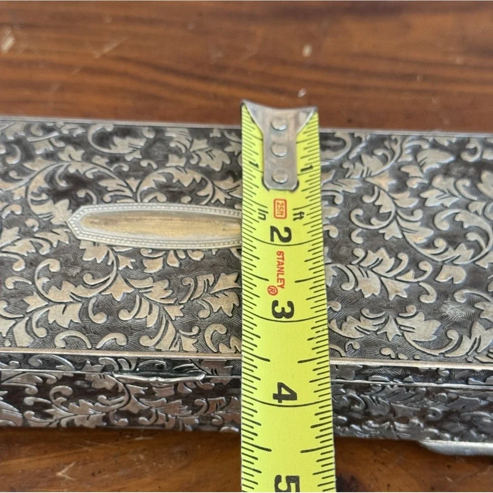 Vintage Jewelry Casket Silver Tone Floral Etched‎ Box w/ Red Velvet Lining Heavy